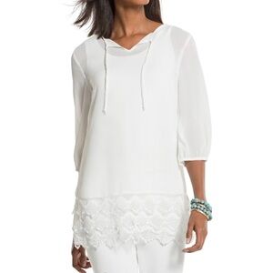 Chico's Juliet Sheer Peasant Top Crocheted Hem Notched Neckline 3 Lightweight